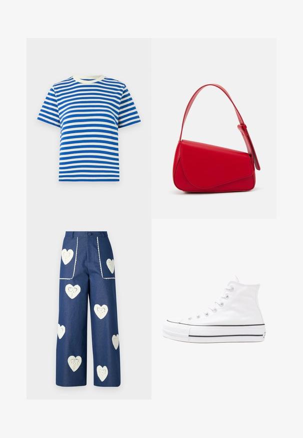 Zils un balts svītrots t-krekls, īsām piedurknēm, apaļš kakls, izgatavots no kokvilnas, ar vienmērīgām horizontālām svītrām un mīkstu tekstūru.; Sister Jane HEART TO HEART - Džinsi ar taisnām starām - blue denim; Balti augstie kanvas sporta apavi ar melnu gumijas zoli, priekšējo gumijas purngalu un sešām acīm lencēm, kuriem ir tīrs, minimālistisks dizains.; Sarkans ādas rokassomi ar stūrainu, ģeometrisku dizainu. Iekļauj vienu regulējamu siksnu un vāku ar izšūtu detaļu.