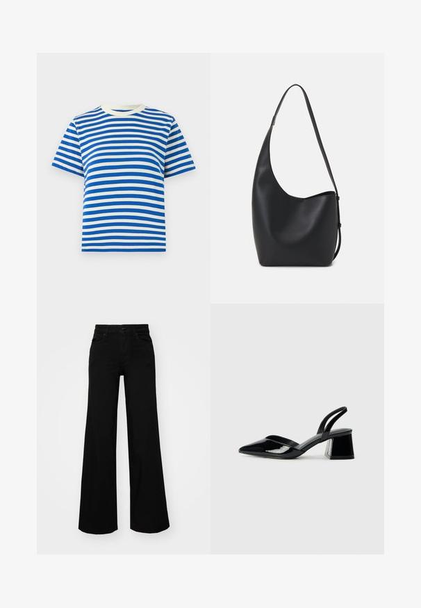 Camiseta a rayas azul y blanca, de manga corta, con cuello redondo, hecha de algodón, que presenta rayas horizontales uniformes y una textura suave.; Pantalones de mezclilla de pierna ancha y color negro, con una cinturilla estructurada, pasadores para cinturón y bolsillos frontales. Textura suave con un diseño clásico.; Zapatos de tacón slingback de charol negro con punta afilada y tacón geométrico en bloque. Presentan un diseño elegante y minimalista, así como una textura suave.; Bolso tipo hobo de cuero negro con una textura suave, forma curvada y una sola correa ajustable; presenta una amplia apertura en la parte superior.