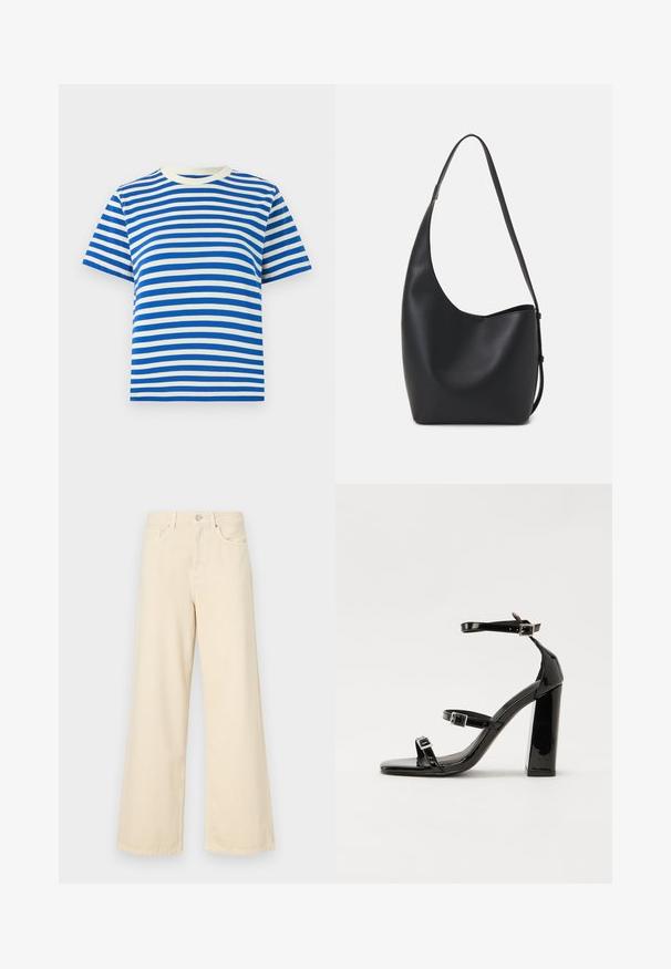 Blauw-witte gestreepte t-shirt, korte mouwen, ronde hals, gemaakt van katoen, met gelijkmatige horizontale strepen en een zachte textuur.; Beige wijde jeans gemaakt van katoen. Voorzien van een knoopsluiting, riemlussen en voorzakken met een gladde, zachte textuur.; Zwarte gepatenteerde sandalen met hak en een vierkante neus, enkelbandjes en zilveren gespen. Heeft een stevige blokhak voor stabiliteit.; Zwarte leren hobo tas met een gladde textuur, kromme vorm en een enkele verstelbare schouderband; heeft een brede opening aan de bovenkant.