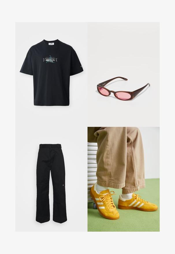 Černé bavlněné tričko s kulatým výstřihem, s tyrkysovým grafickým designem a textem na přední straně. Krátké rukávy a volný střih.; Černé široké kalhoty s hladkou texturou, se standardním pasem a malým vyšitým logem blízko pravé nohy.; Žluté semišové tenisky s bílými pruhy, s gumovou podešví, látkovými tkaničkami a polstrovaným límcem, spárované s béžovými bavlněnými kalhotami.; Hnědé sluneční brýle s elegantním, prodlouženým oválným tvarem. Rám je vyrobený z lesklého plastu; čočky jsou růžové s jemným zakřivením.
