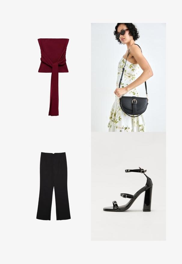 Bordový top s priliehavým korzetom, nariasením po stranách a dlhou stiahnutou látkovou aplikáciou v pase. Hladký, elastický materiál.; Čierne nohavice so strihom rovného strihu, s prednými vreckami a bočnými rozparkami na leme. Vyrobené z mäkkej, hladkej tkaniny. Vhodné na rôzne príležitosti.; Čierne lakované sandále na podpätku so štvorcovou špičkou, navlečenými remienkami okolo členku a striebornými prackami. Disponujú masívnym blokovým podpätkom pre stabilitu.; Čierna kožená kabelka s zaobleným tvarom, odnímateľným popruhom a zlatými doplnkami. Kabelka má klopu s detailom s prackou.