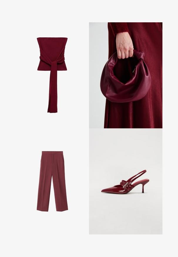 Top burgundiu cu un bodice ajustat, detalii plisate pe laturi și un accent din material lung, legat la talie. Material neted și elastic.; Pantaloni largi de culoare vișinie, cu o textură fină, dotate cu buzunare laterale și un design cu talie înaltă. Croiți cu o pliu curat pe față.; Pantofi cu toc slingback din piele roșie lacuită, cu vârf ascutit, două curele cu cataramă și un toc subțire, de înălțime medie. Textură netedă.; Geantă de mână din piele burgundă, cu un design moale și pliat și o formă rotundă. Mânerele sunt securizate, evidențiind o textură netedă.