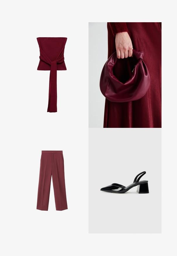 Top bordeaux con un corpo aderente, dettagli arricciati sui lati e un lungo nastro legato in vita. Materiale liscio e elastico.; Pantaloni larghi bordeaux con una texture liscia, caratterizzati da tasche laterali e una vita alta. Rifiniti con una piega frontale pulita.; Décolleté in vernice nera con punta affusolata e tacco in geometria cubica. Presentano un design elegante e minimalista, con una texture liscia.; Borsa in pelle bordeaux con un design morbido e arricciato e una forma arrotondata. Il manico è fissato, mostrando una texture liscia.