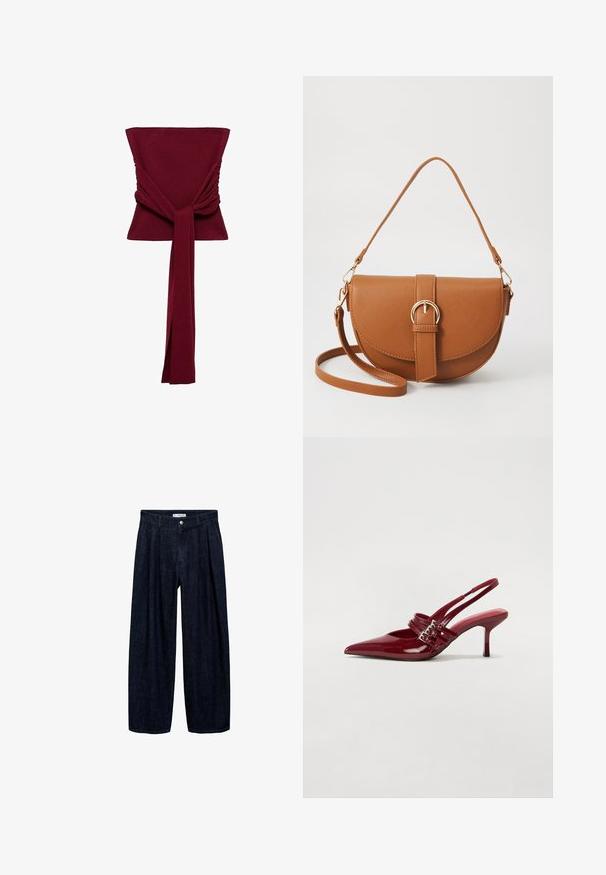 Burgundy top with a fitted bodice, ruched detailing on the sides, and a long, tied fabric accent at the waist. Smooth, stretchy material.; Dark denim wide-leg trousers with pleats at the waist, featuring a front button and belt loops. Smooth texture and full-length design.; Red patent leather slingback heels with a pointed toe, two buckle straps, and a slim, mid-height stiletto heel. Smooth texture.; Brown leather crossbody bag with a curved shape, gold hardware, and a buckle accent. Features a detachable shoulder strap.