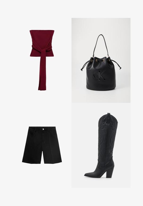 Burgundy top with a fitted bodice, ruched detailing on the sides, and a long, tied fabric accent at the waist. Smooth, stretchy material.; Black denim shorts featuring a straight cut, five pockets, and a silver button closure. Smooth texture with minimal stitching detail.; Zign Cowboy/Biker boots - black; Black leather bucket bag with drawstring closure, featuring a glossy "CK" logo on the front and gold-tone hardware accents.