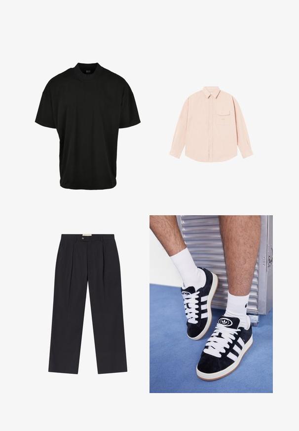 Svart kortärmad T-shirt med rund halsringning, tillverkad av mjukt tyg, med en avslappnad passform och utan synliga mönster eller detaljer.; Ljusrosa långärmad skjorta i mjukt tyg, med button-down krage, framficka och diskret broderad logotyp på bröstet.; skräddarsydda mörkblå byxor med hög midja, två framfickor, knappstängning och raka ben i ett slätt tyg.; Svarta mockaskor med vita snören och tre vita ränder. Har en rund svart logotyp på tungan och en gumminnedgummisula.