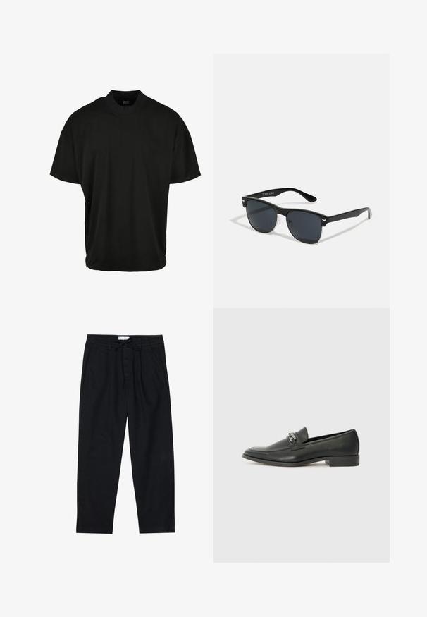 Čierne tričko s krátkym rukávom a okrúhlym výstrihom, vyrobené z jemnej látky, so voľným strihom a bez viditeľných vzorov alebo akcentov.; Pier One Nohavice chinos - black; Čierne kožené loafers s hladkým povrchom, s prešitým dizajnom a dekoratívnym kovovým reťazovým akcentom cez priehlavok. Plochý podpätok.; Čierne slnečné okuliare s obdĺžnikovým tvarom, tmavými sklami, striebornými akcentmi na bočných okrajoch a matným povrchom rámu.
