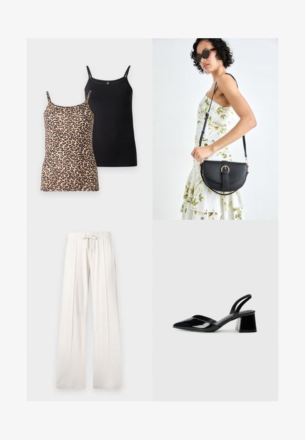 Dois tops: um em padrão de leopardo com alças finas; o outro em preto sólido com uma textura suave e um design de alça semelhante.; Calças de fato de treino beija claro, feitas de um tecido suave, com cintura elástica ajustável, pernas largas e costuras verticais, apresentando uma textura lisa.; Sandy em verniz preto com salto slingback, ponta afilada e salto geométrico. Apresenta um design elegante e minimalista com textura suave.; Bolsa de couro preta com forma curva, alça destacável e detalhes em dourado. A bolsa possui uma aba com detalhe de fivela.