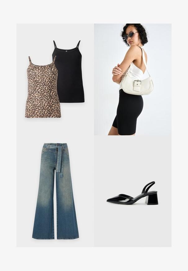 Due top: uno con stampa leopardata e spalline sottili; l'altro in nero uniforme con una texture liscia e un design delle spalline simile.; Pantaloni in denim a gamba larga con una sfumatura che va dal blu chiaro al blu scuro, vita alta, passanti per cintura e una cintura in tessuto coordinato. Finitura in denim strutturato.; Décolleté in vernice nera con punta affusolata e tacco in geometria cubica. Presentano un design elegante e minimalista, con una texture liscia.; Borsa a mano in pelle bianca con forma curvata, tracolla regolabile e un piccolo dettaglio con fibbia. Il modello indossa un outfit nero aderente.