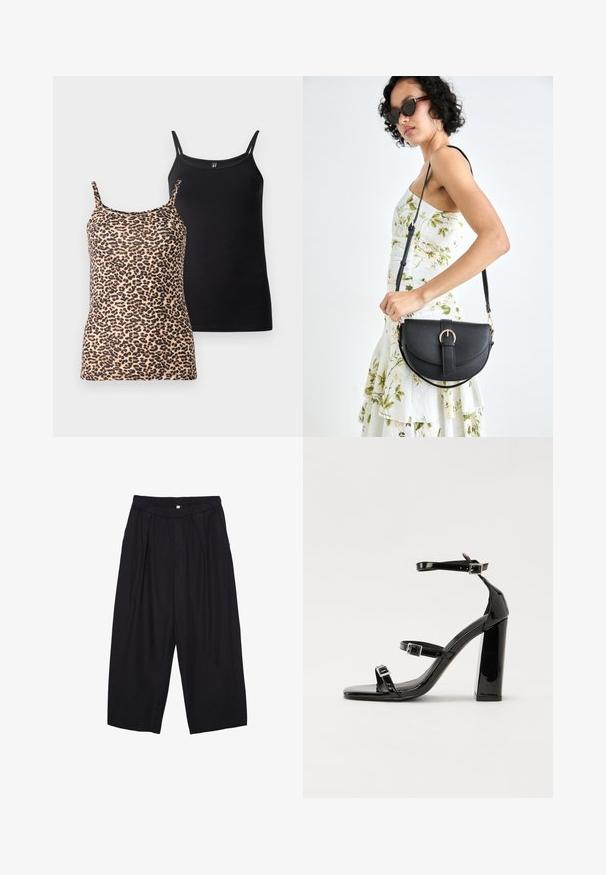 Dve tielka: jedno s leopardím vzorom a tenkými ramienkami; druhé v jednoliatej čiernej farbe s hladkým povrchom a podobným dizajnom ramienok.; Čierne polyesterové culotte nohavice s elastickým pásom, dvoma prednými záhybmi a voľným strihom. Žiadne viditeľné vzory ani detaily z kovu.; Čierne lakované sandále na podpätku so štvorcovou špičkou, navlečenými remienkami okolo členku a striebornými prackami. Disponujú masívnym blokovým podpätkom pre stabilitu.; Čierna kožená kabelka s zaobleným tvarom, odnímateľným popruhom a zlatými doplnkami. Kabelka má klopu s detailom s prackou.