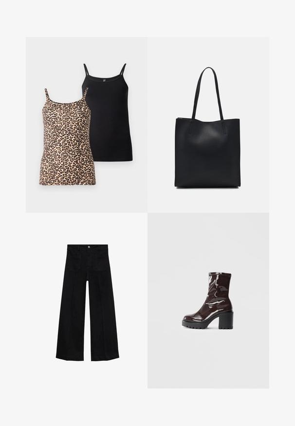 Zwei Tanktops: eines mit Leopardenmuster und dünnen Trägern; das andere in schwarzer einfarbiger Ausführung mit glatter Textur und ähnlichem Trägerdesign.; Schwarzweidige Denim-Hosen mit weitem Bein und hoher Taille, mit Fronttaschen, Gürtelschlaufen und Knopfverschluss.; Glatte bordeauxrote Ankle Boots mit einem klobigen schwarzen Absatz, die eine glatte Oberfläche und ein einfaches Design aufweisen. Keine sichtbaren Verschlüsse oder Muster.; Schwarze Laptoptasche aus Leder mit glatter Textur, rechteckiger Form und zwei langen Griffen. Keine sichtbaren Beschläge oder Verzierungen.