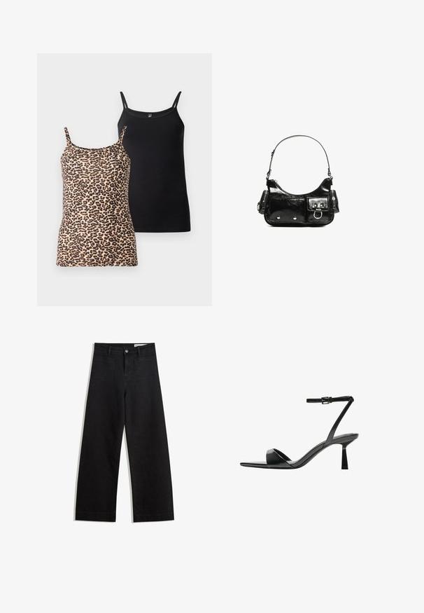 Due top: uno con stampa leopardata e spalline sottili; l'altro in nero uniforme con una texture liscia e un design delle spalline simile.; Pantaloni in denim neri a gamba larga con vita alta, dotati di tasche anteriori e posteriori, cuciture a punto, e chiusura con bottone. Texture liscia.; Bershka Sandali con tacco - black; Borsa a spalla in vernice nera con forma curvata, una tracolla, tasche frontali e dettagli in metallo argentato.
