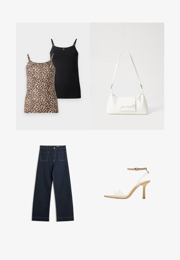 Două topuri fără mâneci: unul cu imprimeu leopard și bretele subțiri; celălalt este negru solid, cu o textură netedă și un design similar de bretele.; Jeans largi de culoare albastru închis, din denim, cu cusături de un bej contrastant, două buzunare la spate și încheiere cu nasture la talie.; Sandalie cu toc transparent, cu un brad transparent, talpă bej și o curea subțire pentru glezna. Au vârf ascuțit și un toc subțire înalt.; Geantă sintetică albă, cu formă triangulară, capac frontal plat și detaliu cu fundă, curea ajustabilă, textură netedă și design minimalist.