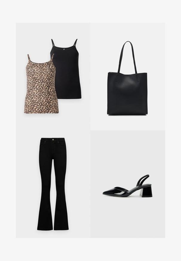 Kaks tanki t-särki: üks leopardi prindiga õhukeste rihmadega; teine ühtlase musta värviga, siledast materjalist ja sarnase rihmamustriga.; Mustad kõrge vöökohtadega teksad, millel on nööp ja lukuga sulgemine, esikäe taskud ja laienevad sääred, asetatud tasasele valgele taustale.; Mustad musta lakknahk kingad, millel on terav varvas ja geomeetriline plokkkonts. Omab elegantselt minimalistlikku disaini ja sujuvat tekstuuri.; Mustast nahast kott sujuva tekstuuriga, ristkülikukujuline ja kahe pika sangaga. Pole nähtavat riistvara ega kaunistusi.