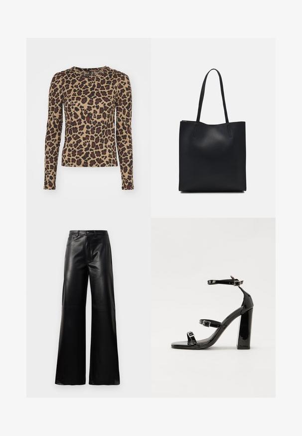 Beige színű, hosszú ujjú felső leopárdmintával, barna és fekete foltokkal. Kerek nyakkivágás és testhez simuló fazon. Puha szövet textúra.; Fekete, magas derekú, széles lábú, műbőr nadrág elülső gombbal, cipzárral, övbújtatókkal és oldalsó zsebekkel, fehér háttérrel.; Fekete lakk magas sarkú szandál négyzet alakú orral, bokapántokkal és ezüst csatokat tartalmaz. Masszív blokk sarka a stabilitásért felel.; Fekete bőrtáska sima felszínnel, téglalap alakú, két hosszú füllel. Nincs látható fémkiegészítő vagy díszítés.