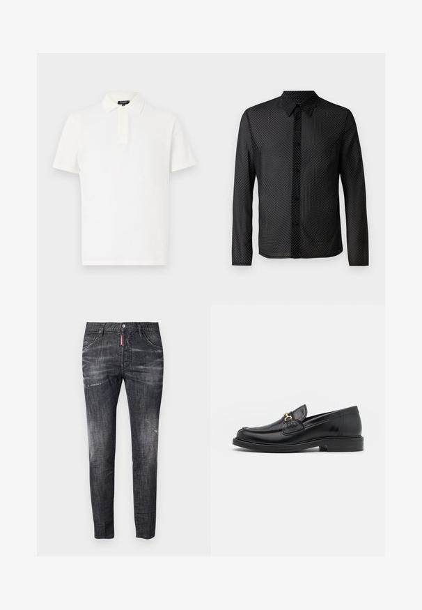 Ron Dorff Polotričko - off white; Černá košile s designem na knoflíky, dlouhými rukávy a bílým puntíkovaným vzorem, vyrobená z lehké, průsvitné tkaniny.; Tmavě šedé džíny z denimu se slim fit střihem, jemným vyblednutím, známkami opotřebení na stehnech, pěti kapsami a kontrastním červeným štítkem.; Černé kožené mokasíny s zaoblenou špičkou, vyznačující se zlatými kovovými detaily a prošíváním, umístěné na nízké, texturované gumové podrážce.
