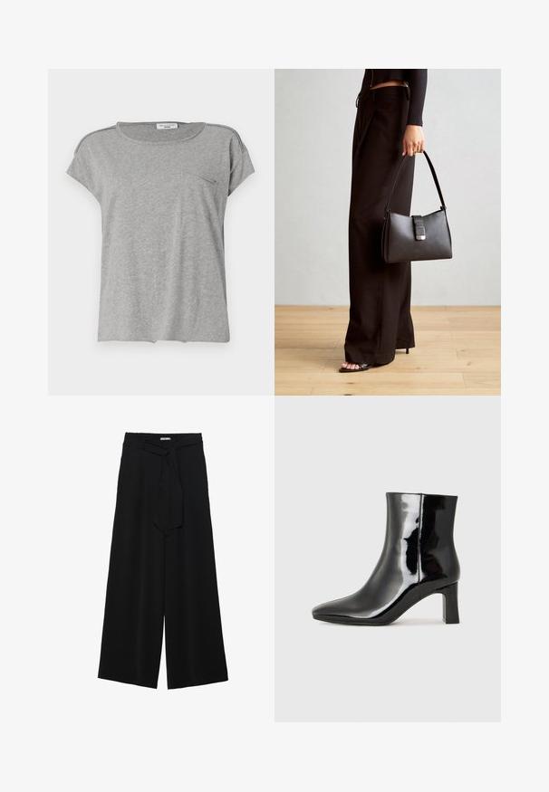 Siva majica s kratkim rukavima izrađena od mekanog materijala. Ima okrugli izrez i mali džep na prsima. Jednostavan dizajn bez uzoraka ili printova.; Crne široke hlače od teksturirane tkanine, s elastičnom pojasom i odvojivim remenom na struku za prilagodivo pristajanje.; Crne lakirane kožne gležnjače s šiljastim prstom i srednje visokom blok petom. Glatka tekstura i minimalistički dizajn.; Crna torba s oblikom koji sadrži strukturu, glađu teksturu i metalnu kopču. Uparena s širokim crnim hlačama i sandalama na otvorenom s drvenog poda.