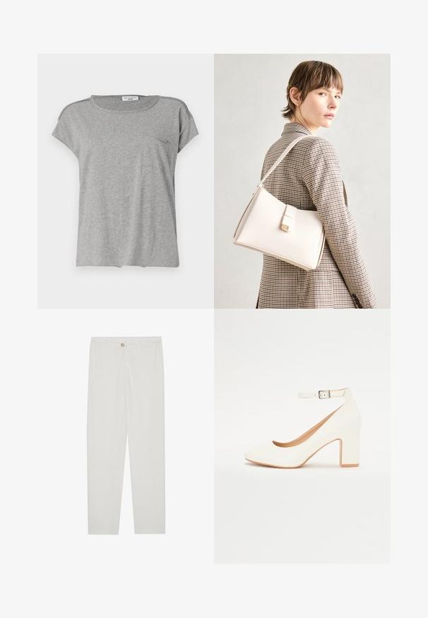 Grå kortermet t-skjorte laget av myk stoff. Har rund hals og en liten brystlomme. Enkel design uten mønstre eller trykk.; Hvite, skreddersydde bukser med rette ben, med knapplukking, beltehemper og sidelommer; glatt tekstur.; Hvit høyhælte sko med spiss tå, blokkhelle og ankelrem. Glatt overflate med en subtil glans og beige innvendig fôr.; Hvit lær veske med en strukturert design, med magnetlås og skulderstropp, vist mot en nøytral bakgrunn.
