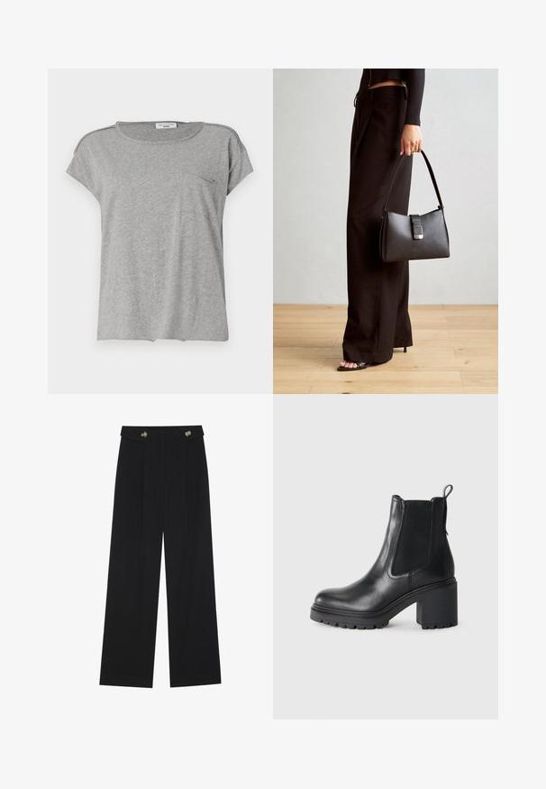 Tricou gri cu mânecă scurtă, fabricat dintr-un material moale. Dispune de un gât rotund și o mică buzunar pe piept. Design simplu, fără modele sau imprimeuri.; Pantaloni negri cu picioare largi, talie înaltă, detalii cu butoane pe talie și pliseuri în față.; Botine negre din piele, cu toc robust, panouri elastice pe lateral și o tablieră pentru a fi trase mai ușor. Talpă texturată pentru o aderență suplimentară.; Genți negre cu o formă structurată, textură netedă și un închizător metalic. Asortată cu pantaloni negri largi și sandale cu vârf deschis pe un podea din lemn.