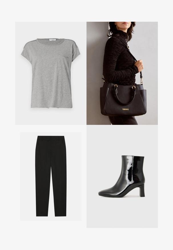 Šedé tričko s krátkým rukávem vyrobené z měkké látky. Má kulatý výstřih a malou kapsičku na hrudi. Jednoduchý design bez vzorů nebo potisků.; Černé kalhoty s vytvarovaným střihem, které mají boční kapsy a rovné nohavice. Vyrobené z hladkého, lehkého materiálu s elegantním povrchem.; Černé lakované kotníkové boty s špičatou špičkou a středně vysokým blokovým podpatkem. Hladká textura a minimalistický design.; Černá kabelka s texturovaným povrchem, dvojitými horními uchy a nastavitelným ramenním popruhem. Obsahuje zlaté kovové prvky a boční kapsy.