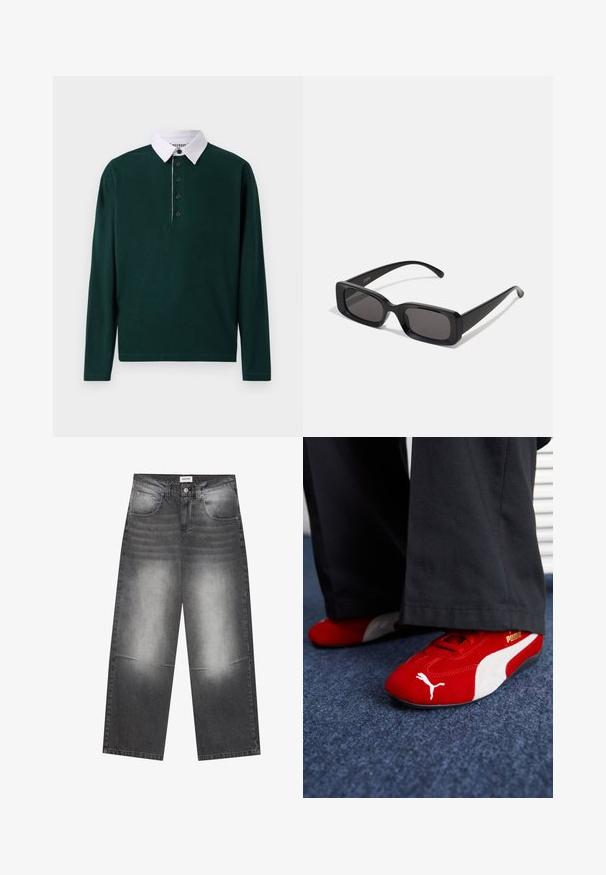 Tmavozelená polokošeľa s dlhým rukávom a bielym klasickým golierom, so šiestimi gombíkmi na prednej strane a hladkou, jemnou textúrou.; Široké čierne denimové džínsy s vyblednutým šedým povrchom, s prednými vreckami, zapínaním na gombík a jemným opotrebovaním na kolenách.; Červené zamatové tenisky s bielymi akcentmi, s textúrovaným materiálom, okrúhlou špičkou a zlatým logom na boku, obuté s čiernymi nohavicami.; Čierne obdĺžnikové slnečné okuliare s tmavými šošovkami, lesklým povrchom, širokými ramenami a robustným rámovým dizajnom. Vygravírované meno značky na jednom ramene.