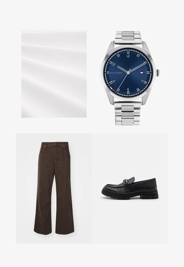 Material alb cu o textură ribbed, prezentând cute moi și un luciu subtil. Finisaj neted, fără modele sau accente vizibile.; Pantaloni largi maro din bumbac, cu talie înaltă, buzunare frontale și o textură fină. Detaliile de finisare includ cusături subtile.; Mocasini din piele neagră cu vârful rotund, o curea decorativă și accesorii metalice, și o talpă chunky texturată. Finisaj neted cu detalii subtile.; Ceas metalic argintiu cu un cadran albastru periat, marcaje albe pentru ore și o afișare a datei. Dispune de o curea metalică legată și logo-ul mărcii.