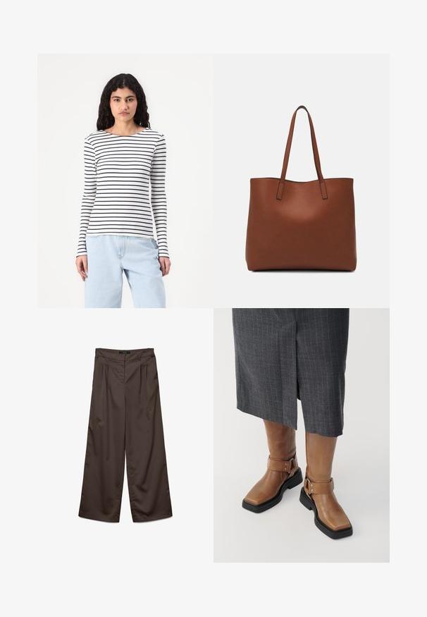 Dolga majica iz rebraste tkanine z vodoravnimi črnimi in belimi črtami. Okrogla izreza in oprijet kroj. Sproščen stil.; Hlače širokega kroja v temno rjavi tkanini z gladko teksturo. Značilnosti vključujejo gube spredaj in standarden pas.; Rjave usnjene škornje do kolen s kvadratnim nosom, črnimi gumijastimi podplati in nastavljivim detajlom z zaponko. Oblečeni so z sivo krilnico s črtami.; Rjava usnjena torba z gladko teksturo, odprto zasnovo zgoraj in dvema naramnima trakovoma. Opremljena je z minimalnim šivanjem in brez vidnih kovinskih delov.