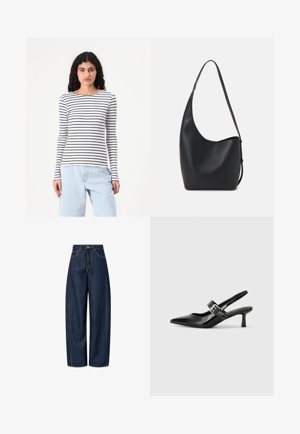 Ilgis rankovėmis marškinėliai iš gipiūrinio audinio su horizontaliomis juodomis ir baltomis juostelėmis. Apskritas iškirpimas ir prigludusi siluetas. Kasdienis stilius.; Tamsiai mėlynos plačios kojos džinsai su raišteliu juosmenyje, kontrastingais siūlais ir dviem priekinėmis kišenėmis. Lygus paviršius, laisvas pjūvis.; Juodai lakuoti slingback aukštakulniai su smailiu kojų pirštu ir mažais blokiniais kulniukais, su sidabro sagtimi ant dirželio.; Juodas odinis hobo maišas su lygiu paviršiumi, kreipta forma ir viena reguliuojama rankena; turi platų atidarymą viršuje.