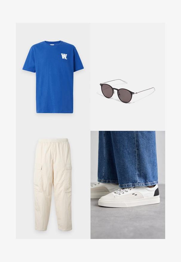Blå bomulds t-shirt med rund hals, korte ærmer og et hvidt logo på venstre bryst. Blød tekstur og normal pasform.; Beige cargo-bukser med elastisk talje, der har to sidelommer og et blødt, let stof. Krøllet tekstur.; Hvide og sorte sneakers med en glat læderoverdel, teksturerede detaljer og en kraftig hvid sål. Har et klassisk snørebåndsdesign.; Sorte runde solbriller med mørke linser og slanke metalarme. Inkluderer klare tempeltips og sølvdetaljer ved hængslet. Minimalistisk design.