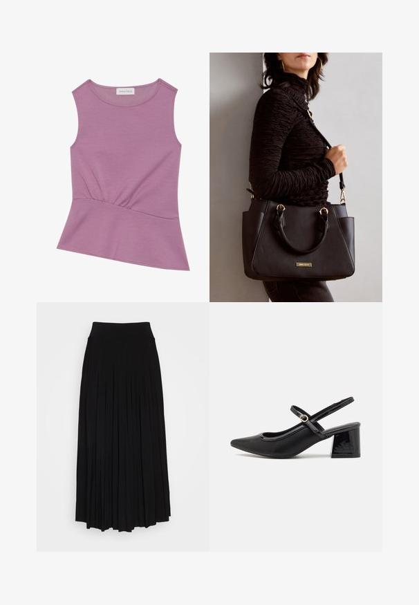 Sleeveless lilac top with round neckline and gathered detail at the waist, flaring slightly at the hem.; Black pleated skirt with a high, stretchy waistband. Made from soft fabric, featuring vertical pleats for a flowing silhouette.; Black patent leather slingback heels with a pointed toe, a rounded cutout design, and a block heel. Features a gold-tone buckle accent.; Black handbag with textured surface, dual top handles, and adjustable shoulder strap. Features gold-tone hardware and side pockets.