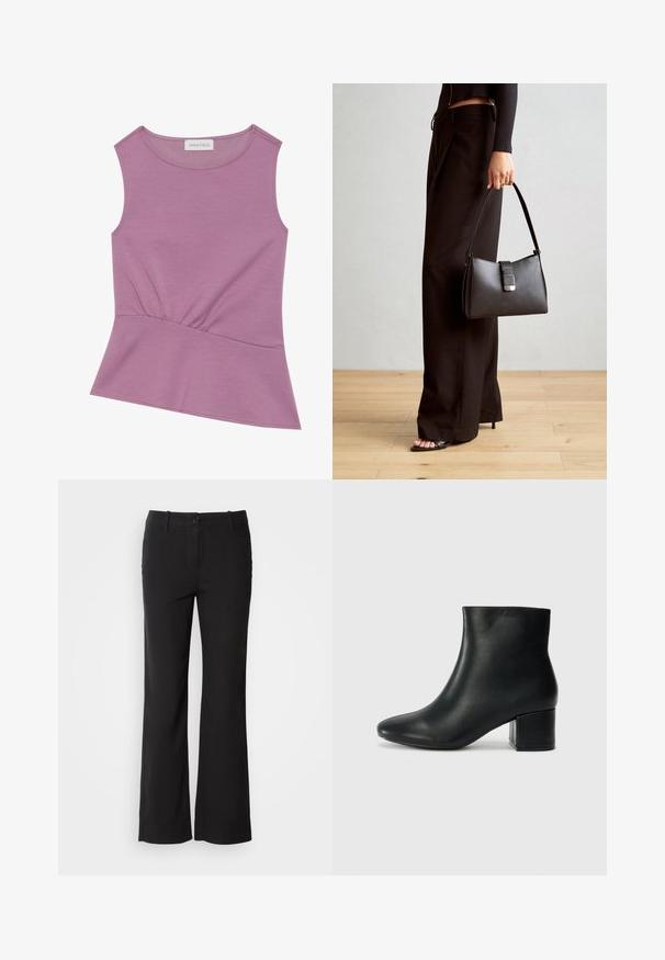 Rankovėmis nupjauta lilac spalvos palaidinė su apvaliu iškirpimu ir susiraukimo detale ties liemeniu, šiek tiek platėjanti ties apdaila.; Juodi medvilnės mišinio kelnės su tiesiu kirpimu, priekyje su mygtukų užsegimu ir dviem šoninėmis kišenėmis. Lygi tekstūra, be matomų raštų.; Juodos odinės aulinės botai su smailiu priekiniu pirštu ir storu kulnu. Lygus tekstūra su minimaliomis detalėmis ir elegantišku, tvirtai priglundančiu dizainu.; Juodas rankinė struktūrizuota forma, lygi tekstūra ir metalinis užsegimas. Suporuota su plačiomis juodomis kelnėmis ir atvirais bateliais ant medinių grindų.