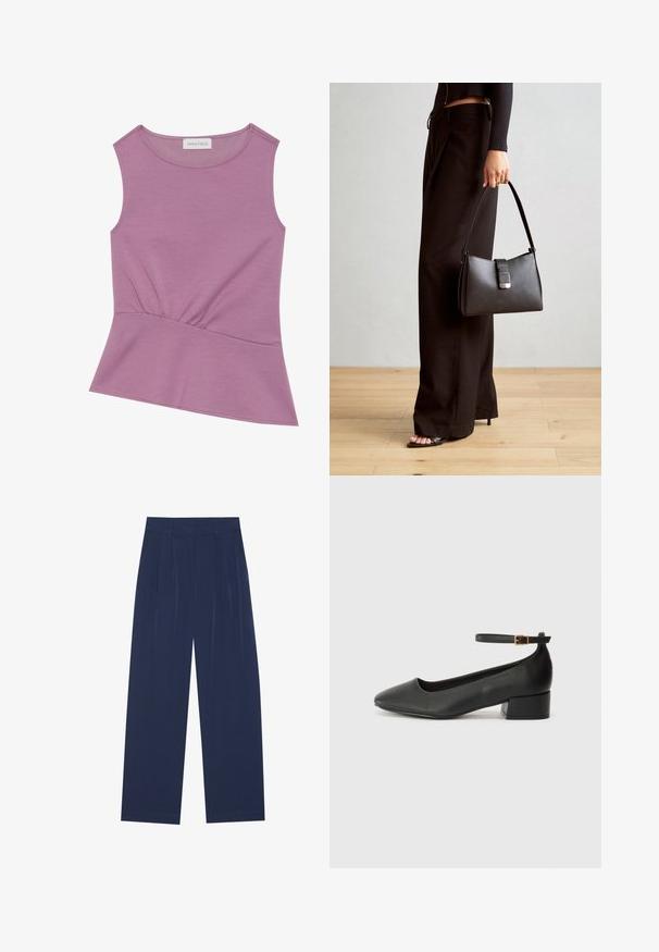 Mouwloze lila top met ronde halslijn en geplooide details bij de taille, die iets uitloopt bij de zoom.; Navyblauwe wijde broek van zachte stof, voorzien van voorplooien, een gladde textuur en een rechte pasvorm zonder zichtbare zakken.; Zwarte leren pump met een spitse neus en een lage blokhak. Beschikt over een enkelband met een goudkleurige gespsluiting. Gladde textuur.; Zwarte handtas met gestructureerde vorm, gladde textuur en een metalen sluiting. Gecombineerd met brede zwarte broeken en sandalen met open teen op een houten vloer.