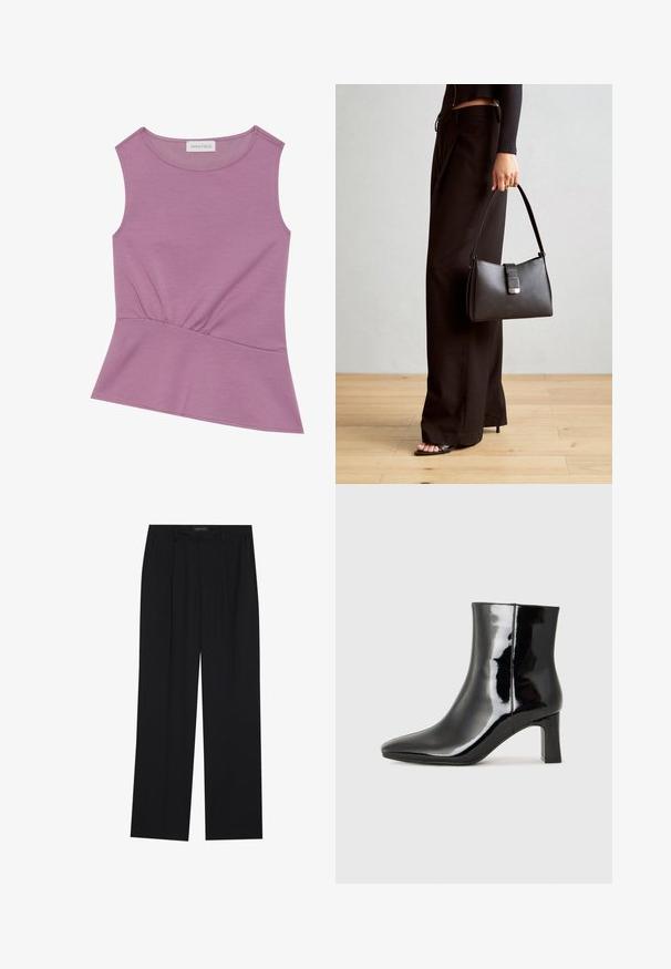 Top fără mâneci, de culoare lila, cu decolteu rotund și detalii pliate la talie, având o ușoară evazare la tiv.; Pantaloni negri cu un design drept, dotati cu doua buzunare frontale si un talie. Fabricati dintr-un material usor si neted.; Botine negre din piele lacuită, cu vârful ascuțit și toc bloc de înălțime medie. Textură netedă și design minimalist.; Genți negre cu o formă structurată, textură netedă și un închizător metalic. Asortată cu pantaloni negri largi și sandale cu vârf deschis pe un podea din lemn.
