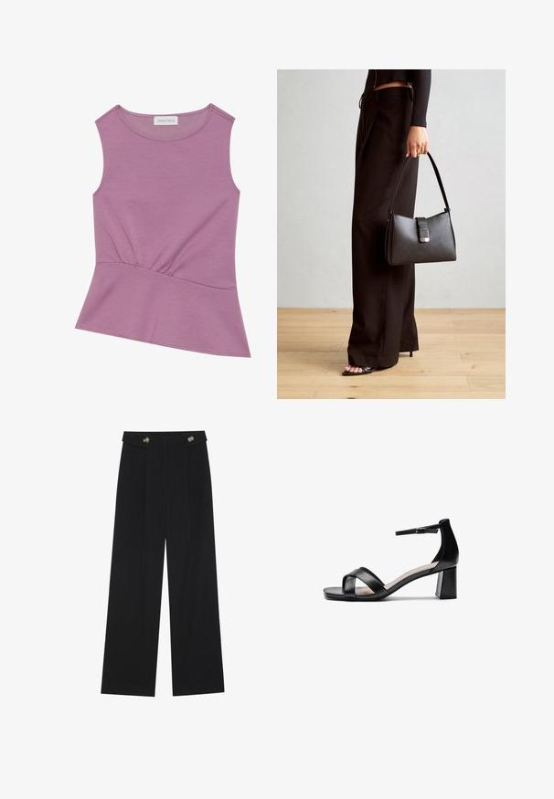 Ärmelloses lila Oberteil mit Rundhalsausschnitt und Raffung an der Taille, das am Saum leicht ausgestellt ist.; Schwarze weite Hosen mit hoher Taille, Knopfdetails am Bund und vorderen Falten.; Schwarze offene Sandale mit Absatz, gekreuzten Riemen, verstellbarem Knöchelriemen und einem klobigen Absatz, ausgestattet mit einer glatten Ledertextur.; Schwarze Handtasche mit strukturierter Form, glatter Textur und einem metallischen Verschluss. Kombiniert mit weiten schwarzen Hosen und offenen Sandalen auf einem Holzboden.