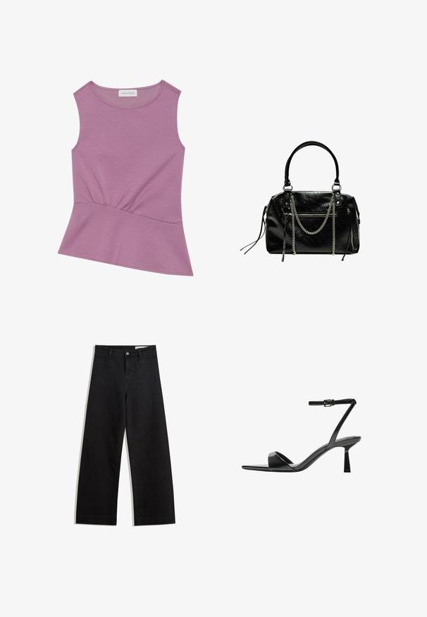 Sleeveless lilac top with round neckline and gathered detail at the waist, flaring slightly at the hem.; Black wide-leg denim pants with a high waist, featuring front and back pockets, stitched seams, and a button closure. Smooth texture.; Bershka High heeled sandals - black; Bershka WITH CHAIN - Handbag - black