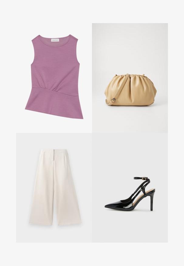 Majica brez rokavov v svetlo vijolični barvi s krožnim izrezom in nagubanimi detajli na pasu, ki se na koncu rahlo širi.; Bež hlače širokih nogavic iz gladkega blaga, z visokim pasom, stranskimi žepi in čistim, minimalističnim dizajnom.; Črne lakaste usnjene čevlje na visoki peti z odprtim petnim delom, usnjeni trak za prilagoditev okrog gležnja in z ozkimi stranskimi odprtinami. Gladka tekstura.; Bež usnjena torba s pliséjem, nastavljivim ročajem in zaobljeno obliko. Minimalistična oznaka na sprednji površini.