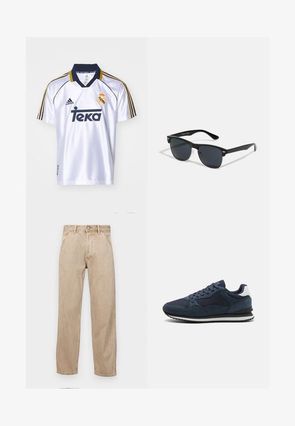 Balta futbolo marškinėliai su tamsiai mėlynu apykaklės ir akcentų. Su trimis juodomis juostomis ant pečių ir dideliu mėlynu "Teka" logotipu.; Smėlio spalvos džinsai su tiesia kojų siluetu, turintys priekinę kišenę, metalinį mygtuką ir subtilią tekstūrą.; Tamsiai mėlyni sportbačiai, pagaminti iš zomšos ir tinklinės medžiagos, su plokščiais raišteliais, balta kulno akcentu ir tekstūruota juoda guma padais.; Juodos saulės akinių su stačiakampiu rėmeliu, tamsiais lęšiais, sidabrinėmis detalėmis šventrajose ir matinio paviršiaus rėmeliu.