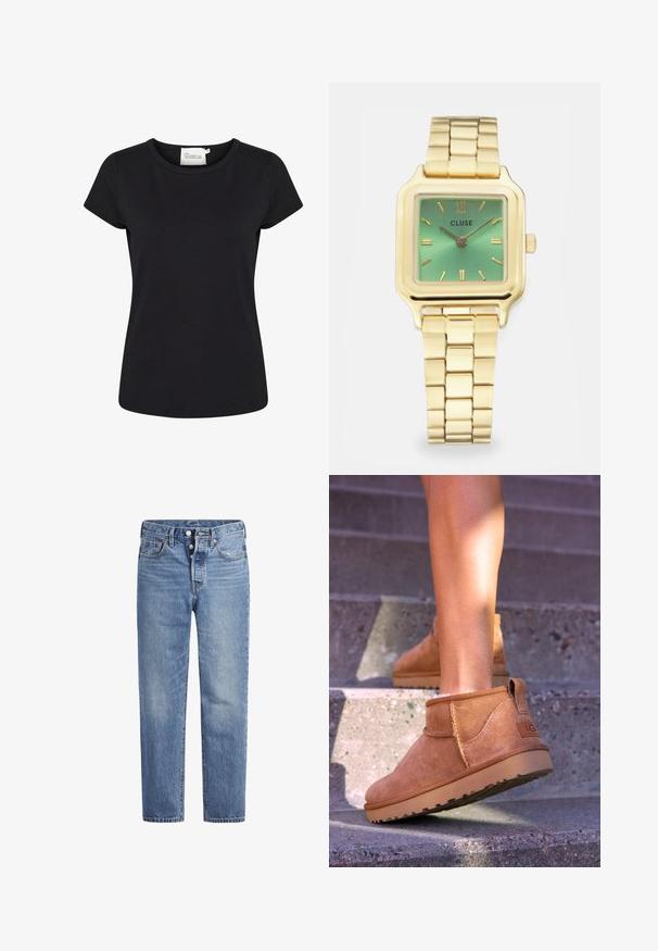 Tricou scurt negru, dintr-un material de bumbac neted. Are guler rotund și o croială ajustată. Fără modele sau detalii suplimentare.; Jeans din denim de un albastru deschis, cu croi drept, design cu cinci buzunare și închidere cu buton. Prezintă decolorări subtile și cusături accentuate de culoare portocalie.; Botine bej din suede cu o textură moale, detalii cusute și o talpă din cauciuc, având un călcâi cu buclă pentru o utilizare ușoară.; Ceas pătrat în tonuri aurii, cu un cadran verde în degrade, marcaje orare dreptunghiulare și o brățară legată. Numele brandului "CLUSE" este afisat.