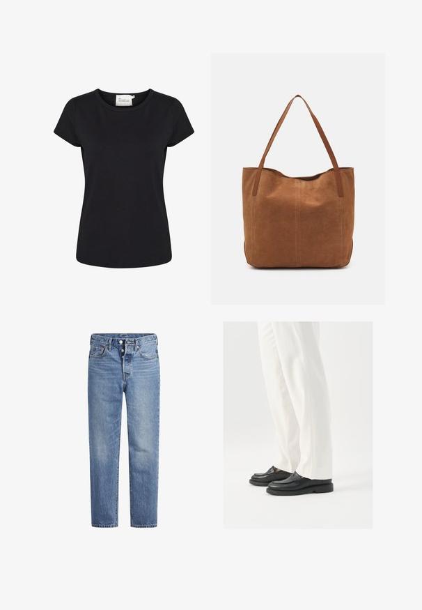 Černé tričko s krátkým rukávem vyrobené z hladké bavlněné tkaniny. Má kulatý výstřih a fitted střih. Bez vzorů nebo dalších detailů.; Světle modré džíny s rovný střih, designem s pěti kapsami a knoflíkovým zapínáním. Mají jemné vyblednutí a oranžové prošití.; Černé kožené mokasíny s hladkým povrchem, švovými detaily a zaoblenou špičkou, kombinované s bílými saka kalhotami.; Hnědá semišová taška s dvěma dlouhými uchy, se hladkým povrchem, jednoduchým designem a bez viditelného kování nebo dekorací.
