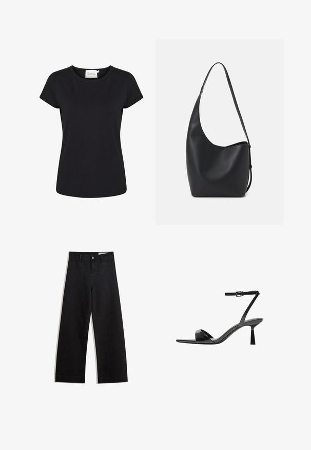 Crna kratka majica s rukavima napravljena od glatkog pamučnog materijala. Ima okrugli izrez i prilagođeni kroj. Bez uzoraka ili dodatnih detalja.; Crne široke traperice s visokim strukom, s prednjim i stražnjim džepovima, šivenim šavovima i kopčanjem na gumb. Glatka tekstura.; Bershka Sandale s visokom petom - black; Crna kožna hobo torba s glatkom teksturom, zakrivljenim oblikom i jednom podesivom trakicom; ima širok otvor na vrhu.
