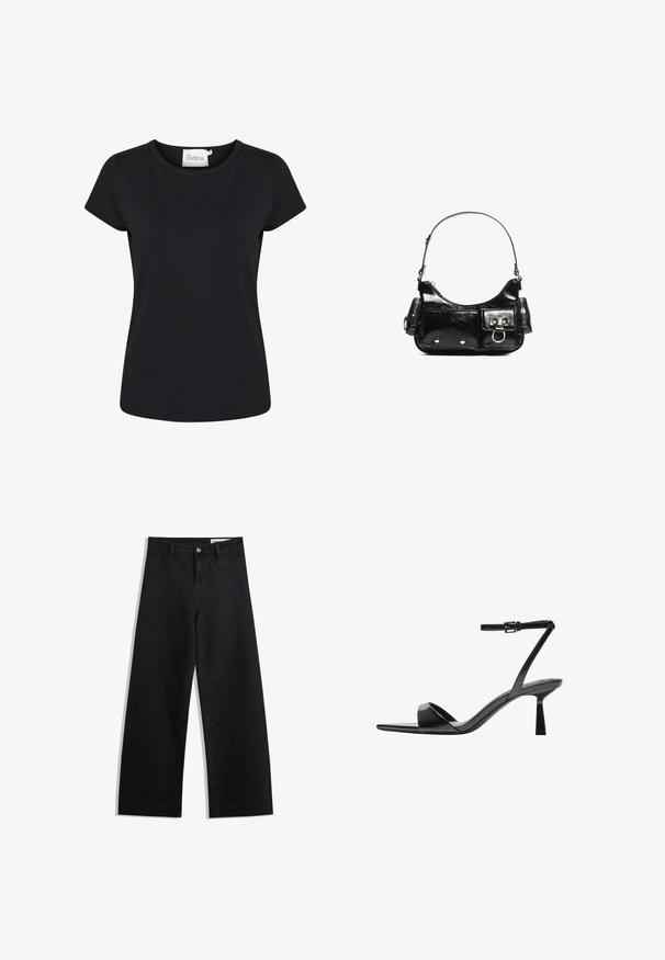 Sort kortærmet t-shirt lavet af glat bomuldsstof. Har en rund halsudskæring og en tætsiddende pasform. Ingen mønstre eller yderligere detaljer.; Sorte wide-leg denim bukser med høj talje, der har front- og baglommer, syede sømme og en knaplukning. Glat tekstur.; Bershka Højhælede sandaletter / Højhælede sandaler - black; Sort patenteret læder håndtaske med en buet form, en skulderrem, frontlommer og hardware accenter i sølvfarve.