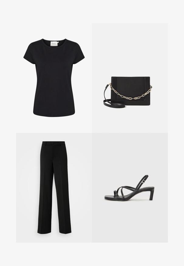 Sort kortærmet t-shirt lavet af glat bomuldsstof. Har en rund halsudskæring og en tætsiddende pasform. Ingen mønstre eller yderligere detaljer.; ONLY Tall ONLPEACH LIFE WIDE - Bukser - black; Sort remsandale med firkantet tå og en lav blokeret hæl. Har flere tynde stropper og en justerbar ankelrem. Fremstillet af glat læder.; Sort læder crossbody taske med en glat tekstur, rektangulær form og en metallisk kæde detalje foran. Justerbar skulderrem inkluderet.