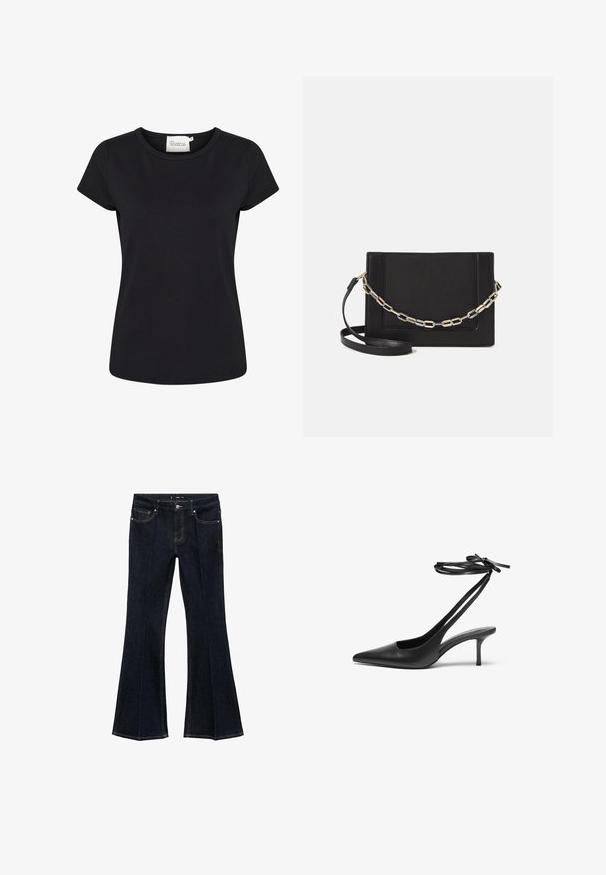 Sort kortærmet t-shirt lavet af glat bomuldsstof. Har en rund halsudskæring og en tætsiddende pasform. Ingen mønstre eller yderligere detaljer.; Mørkeblå denim jeans med høj talje, forlommer og brede, flagrende ben, udstillet fladt på en hvid baggrund.; Sorte læder stiletto sko med spids tå, åben bag, og ankelstropper bundet i en sløjfe. Slank 3-tommers hæl. Glat overflade, minimalistisk design.; Sort læder crossbody taske med en glat tekstur, rektangulær form og en metallisk kæde detalje foran. Justerbar skulderrem inkluderet.