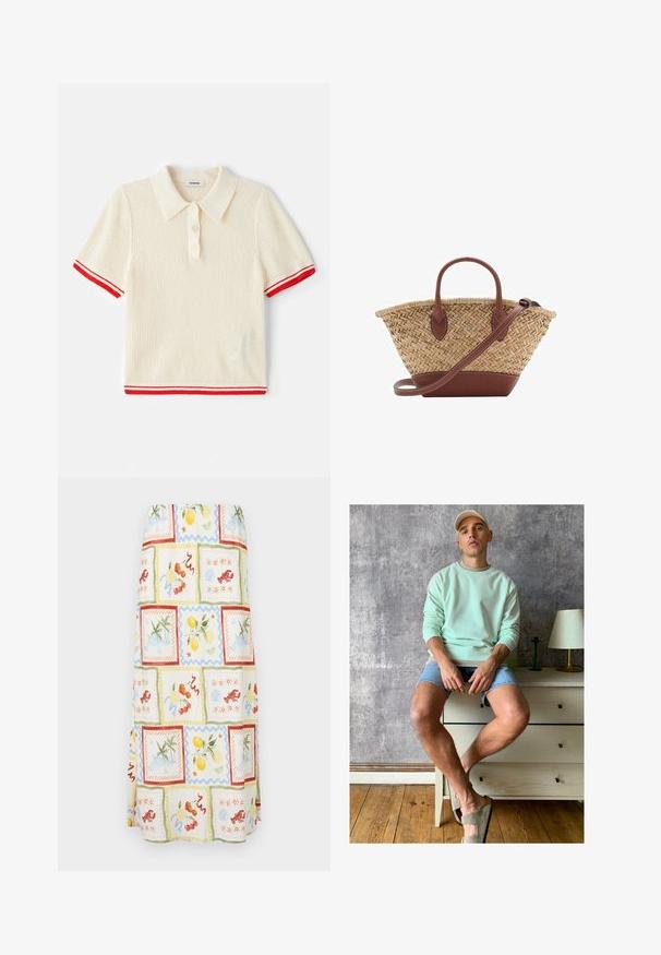 sandro RESILLE MINI RAYURES - Pikeepaita - ecru; Maxihame, joka on valmistettu kevyestä kankaasta, jossa on kirkas monivärinen kuvio, mukaan lukien hedelmiä ja rannikkoa esittäviä kohtia pastellisävyissä sekä tekstuurisia yksityiskohtia.; Minttivihreä huppari, farkkushortsit ja oliivinvihreät liukuvaatteet. Istuu vaaleanvärisen lipaston päällä, joka on tekstuuritetun harmaan seinän nojalla.; Kudottu olkilaukku ruskeilla nahkaosilla, kahdella kahvalla ja irrotettavalla hihnalla. Koukkumainen muoto, jossa tukeva pohja.