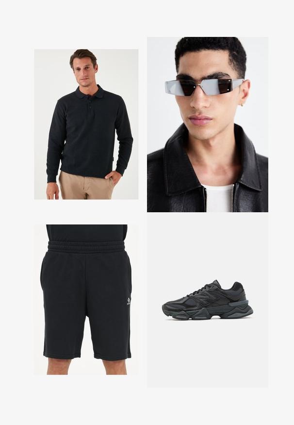 Sötétszürke, hosszú ujjú pólóing, galléros nyakkal, három gombos záródással és bordázott mandzsettával. Simogatott anyag, enyhe textúrával.; Fekete rövidnadrág, puha anyagból készült, rugalmas derekával, oldalsó zsebekkel és egy kis logóval az alsó lábszáron.; Fekete futócipő, mely háló és szintetikus anyagok keverékéből készült, vastag talppal, ívelt kialakítással és hangsúlyos logóval az oldalon.; Szögletes, szürke árnyalatú napszemüveg ezüst díszítéssel, világos háttér előtt. A lencsék egyedi geometrikus formával rendelkeznek.