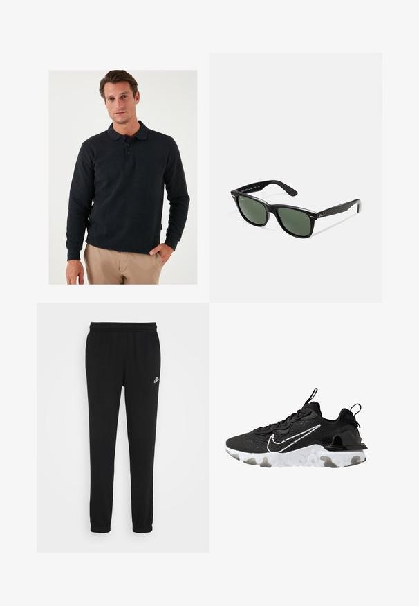 Tumehall pikemate varrukatega polo särk, millel on kraega kaelus, kolme nupuga kinniti ja soonikkoes. Sile kangas kerge tekstuuriga.; Mustad mustad püksid elastse vöökohaga, püksisääred elastsed, vasakul küljel on väike valge Nike logo. Valmistatud pehmest tekstuursest kangast.; Mustad mustats spordijalatsid tekstureeritud kangast ülemise osaga, valge Nike swoosh ja paks valge tald. Varustatud tõmbenööriga kannal, et neid oleks lihtne jalga panna.; Mustad mustan plastiku prillid roheliste läätsedega, ruudukujulised raamid, hõbedane aksent kulmude peal ja tekstuuriga tempelkäed. Brändi nimi on märgitud sisevarrele.