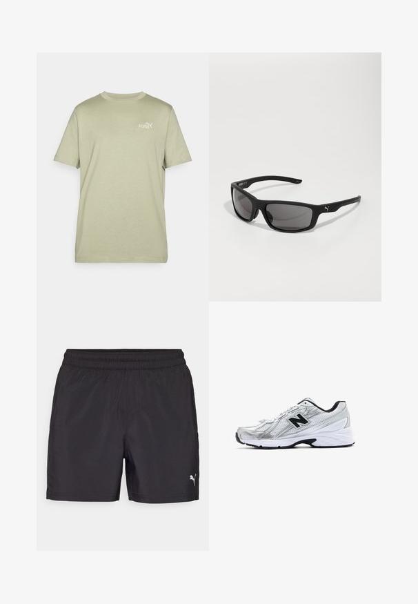 Majica maslinaste boje s okruglim izrezom i kratkim rukavima. Na prsima se nalazi mali bijeli Puma logo. Izrađena je od mekog, laganog materijala.; Crne atletske kratke hlače s elastičnim pojasom, izrađene od laganog materijala, s malim bijelim logom na donjoj strani.; Srebrna atletska tenisica s mrežastim materijalom, crnim naglascima, perforiranim dizajnom i udobnim bijelim potplatom. Ima istaknuti logo 'N'.; Crne sunčane naočale s mat završetkom, pravokutnim lećama i istaknutim logotipom na sljepoočnici. Polarizirane leće, UV zaštita.