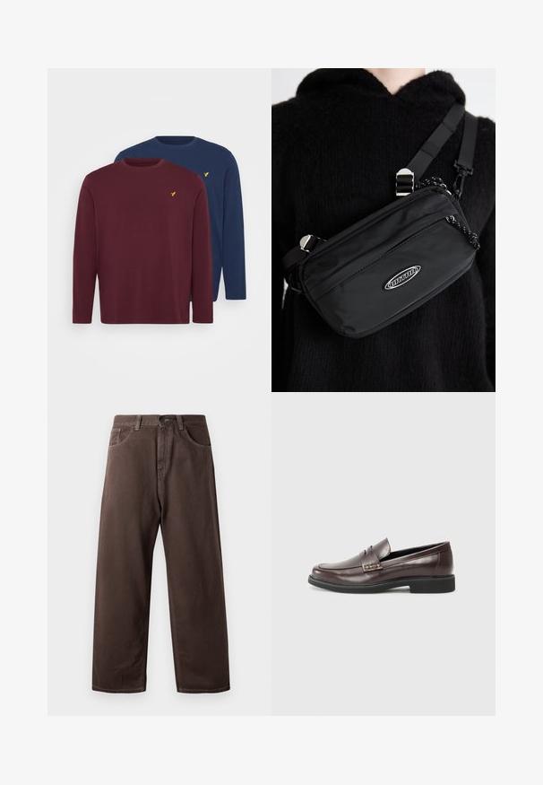 Pier One 2 PACK - Topper langermet - bordeaux/dark blue; Brune vide bukser lavet af bomuld, med et klassisk fem-lomme design, lynlås foran og synlige syninger.; Brune lærloafers med en glat finish, der har en subtil syet detalje på overdelen og en sort gummisål.; Svart nylon crossover-veske med justerbar stropp, med en jevn tekstur, en frontlomme med glidelås, og en logo-detalj.