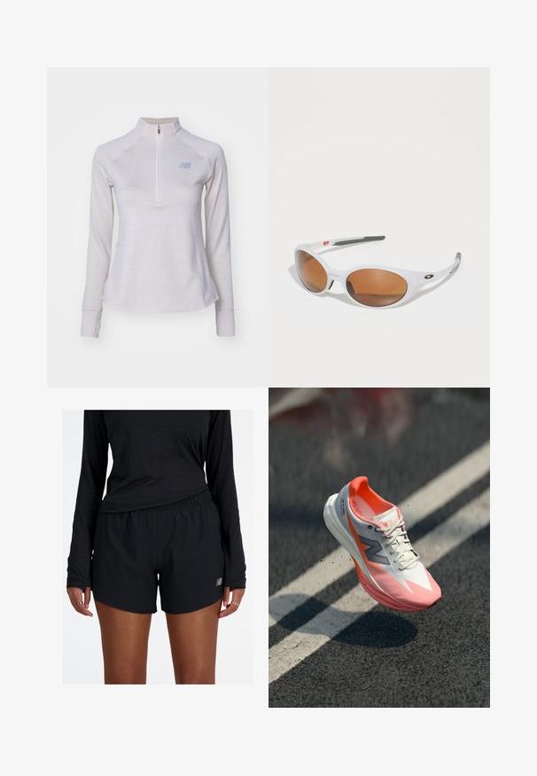 Pullover grigio chiaro a maniche lunghe con zip a quarto, con strisce sottili, texture morbida e un piccolo logo sul petto. Presenta maniche aderenti.; Pantaloni corti sportivi neri con vita elastica e logo riflettente. Il tessuto sembra leggero e liscio, con una vestibilità comoda.; Scarpa da corsa con una tomaia bianca e rosa, caratterizzata da una trama in mesh, dettagli riflettenti e una suola ammortizzata. Design leggero per le prestazioni.; Occhiali da sole bianchi con lenti marroni, forma ovale, realizzati in plastica liscia, con dettagli grigi sulle aste e un logo sulla montatura.