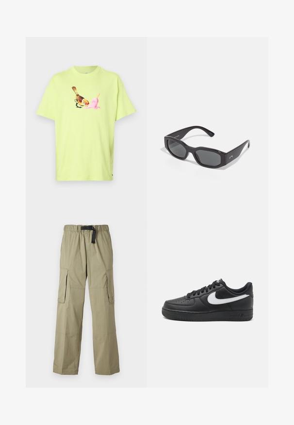 T-shirt de algodão verde-lima com um gráfico de um pássaro e um sorvete rosa, com um decote redondo simples e mangas curtas.; Calças cargo de oliva claras com cintura elástica e cinto, apresentando dois bolsos laterais e uma textura suave, projetadas para conforto e funcionalidade.; Tenis Nike Air Force 1 pretos com parte superior em couro liso, detalhe do logo branco, bico perfurado e sola em borracha texturizada.; Óculos de sol retangulares pretos com lentes escuras. Armação de plástico espesso com um acabamento suave, apresentando uma marcação discreta na lateral.